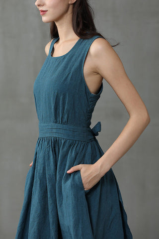 Cross Back O Neck Maxi Linen Dress