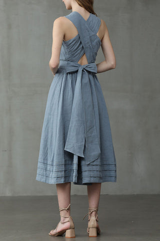 Cross Back O Neck Maxi Linen Dress