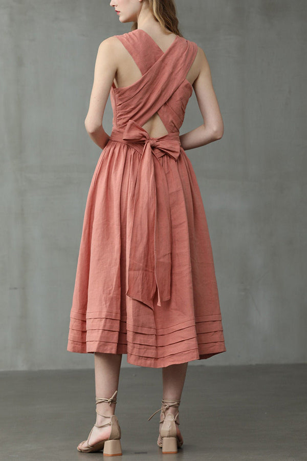 Cross Back O Neck Maxi Linen Dress