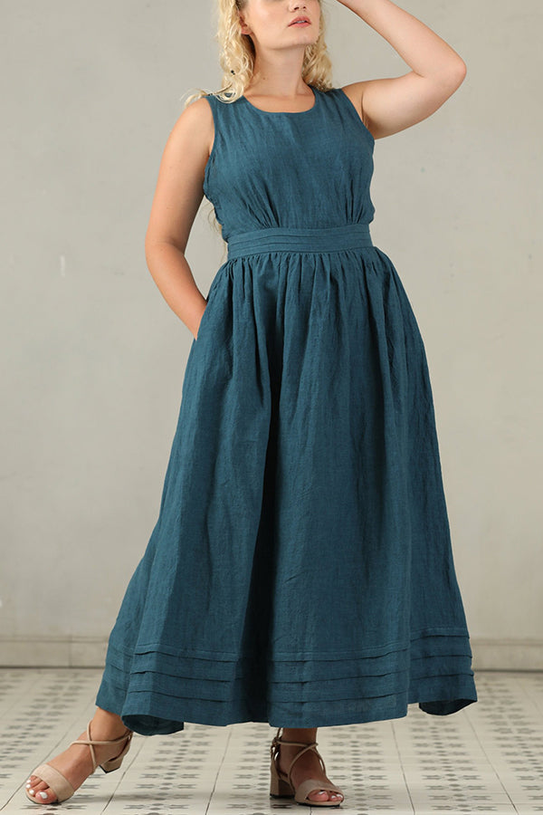 Cross Back O Neck Maxi Linen Dress