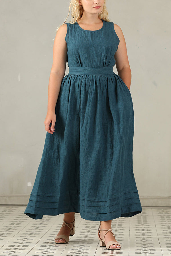 Cross Back O Neck Maxi Linen Dress