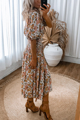 Floral Shirred Waist Slit Midi Dress