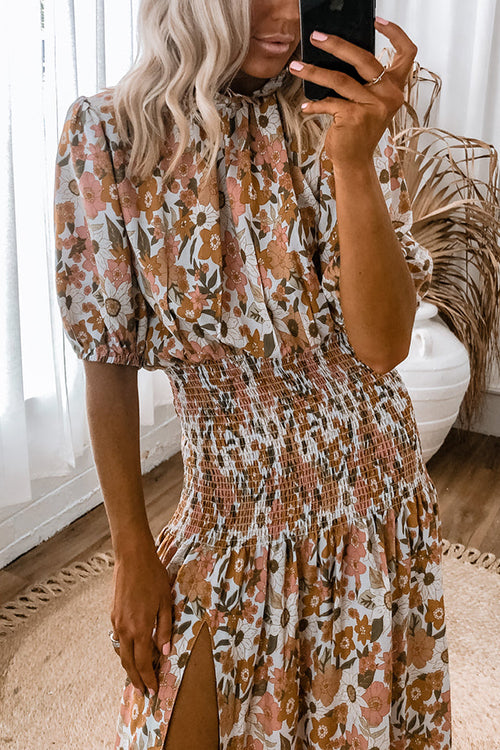 Floral Shirred Waist Slit Midi Dress