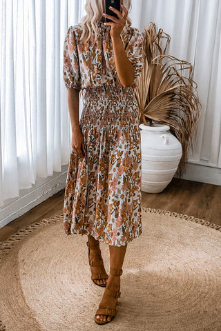 Floral Shirred Waist Slit Midi Dress