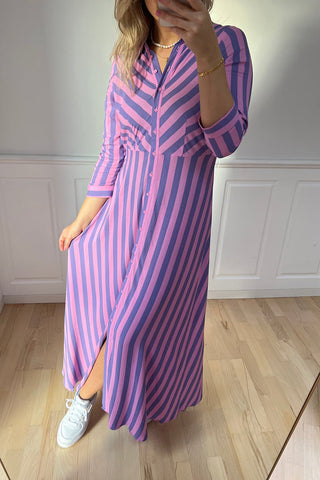 Stripe Long Sleeve Button Maxi Shirt Dress