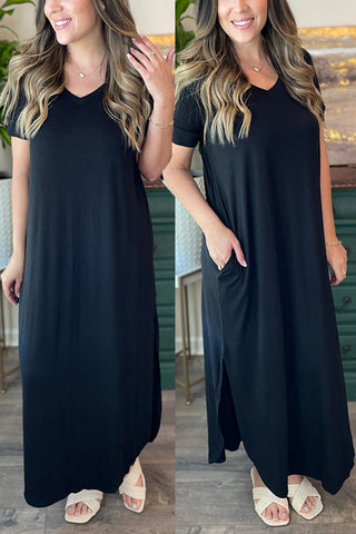 V Neck Side Slit Maxi Dress