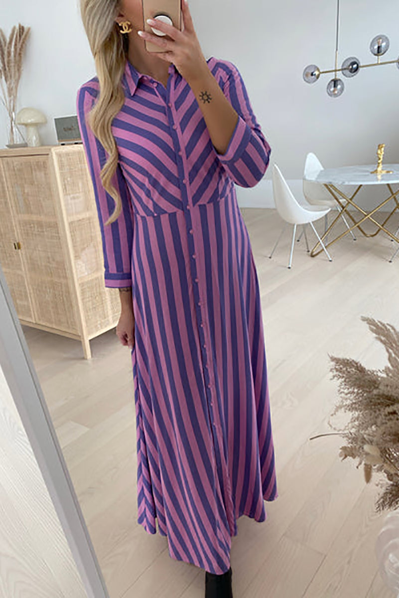 Stripe Long Sleeve Button Maxi Shirt Dress