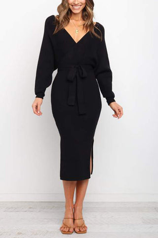 Surplice Wrap Side Slit Sweater Dress