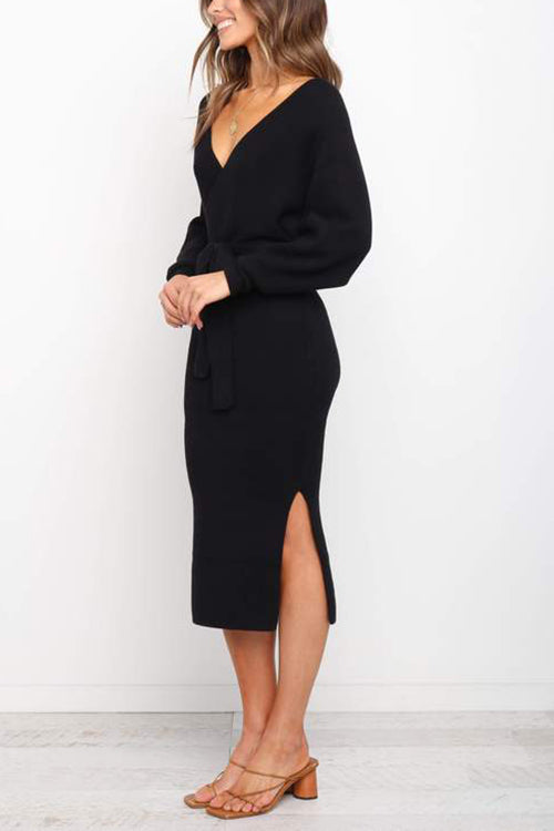 Surplice Wrap Side Slit Sweater Dress