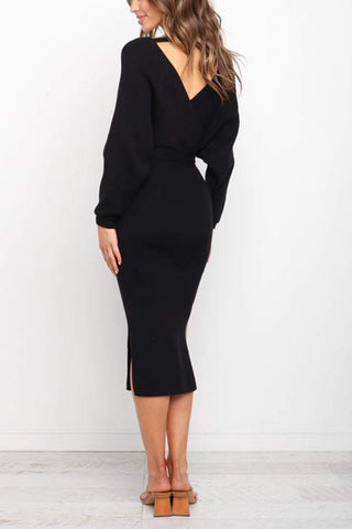 Surplice Wrap Side Slit Sweater Dress