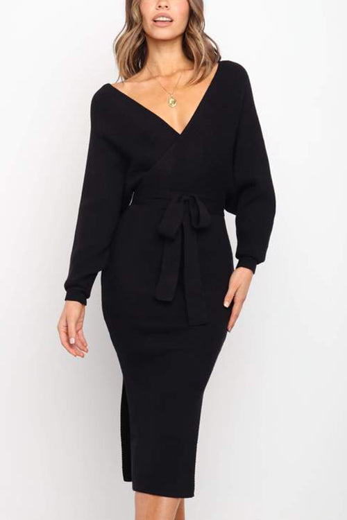 Surplice Wrap Side Slit Sweater Dress