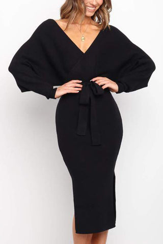 Surplice Wrap Side Slit Sweater Dress