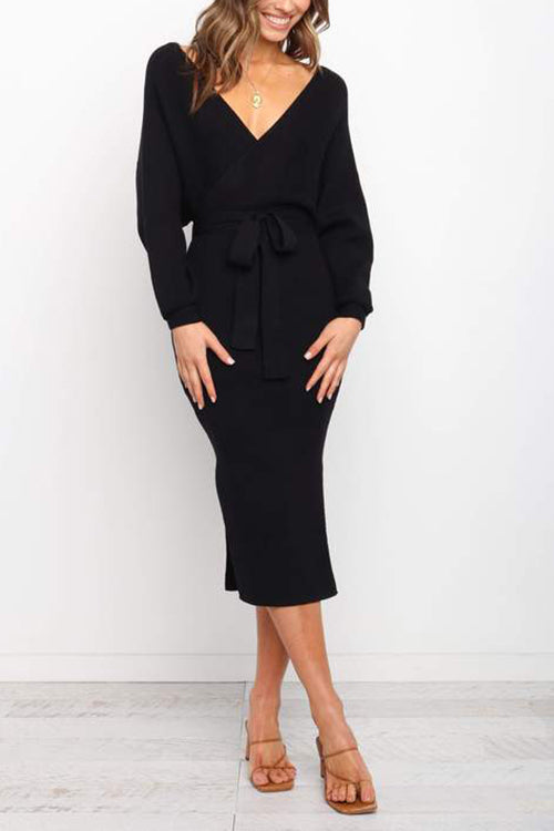 Surplice Wrap Side Slit Sweater Dress