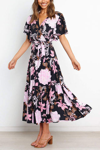 Print Ruffles Wrap Maxi Dress