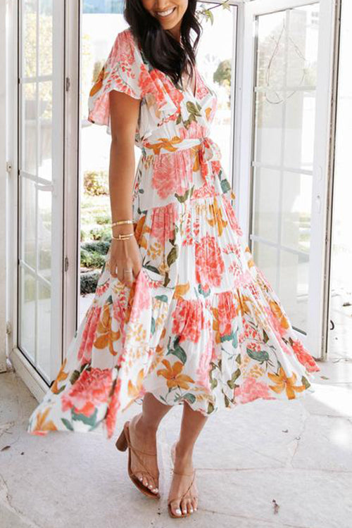 Print Ruffles Wrap Maxi Dress