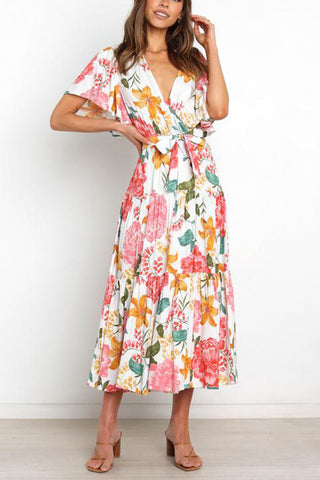 Print Ruffles Wrap Maxi Dress