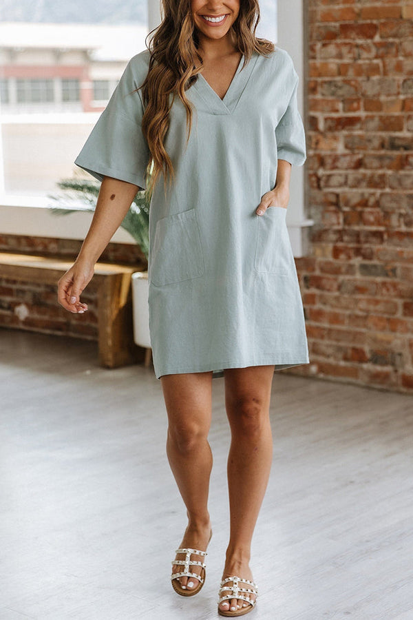 Split V Neck Pockets Mini Dress