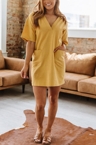 Split V Neck Pockets Mini Dress