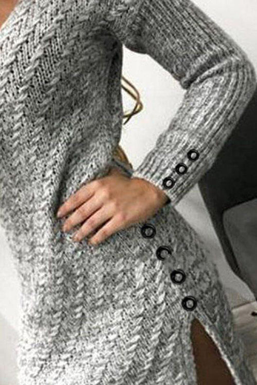 Button V Neck Side Slit Sweater Dress